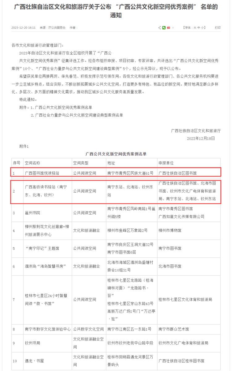 广西图书馆两项案例荣获广西公共文化新空间优秀案例